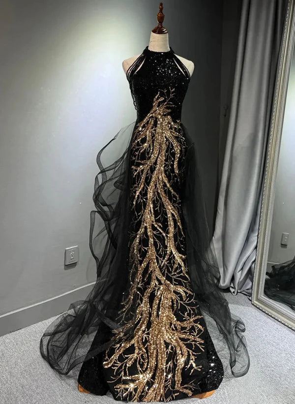 Black Halter Sequins Long Party Dress with God Lace